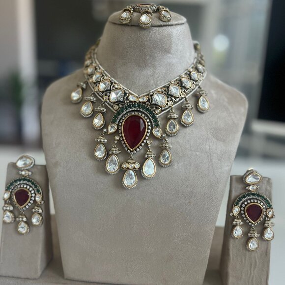 Victorian Polki Kundan Choker Necklace Set | Ruby Emerald Wedding Jewelry - Picture 8 of 15